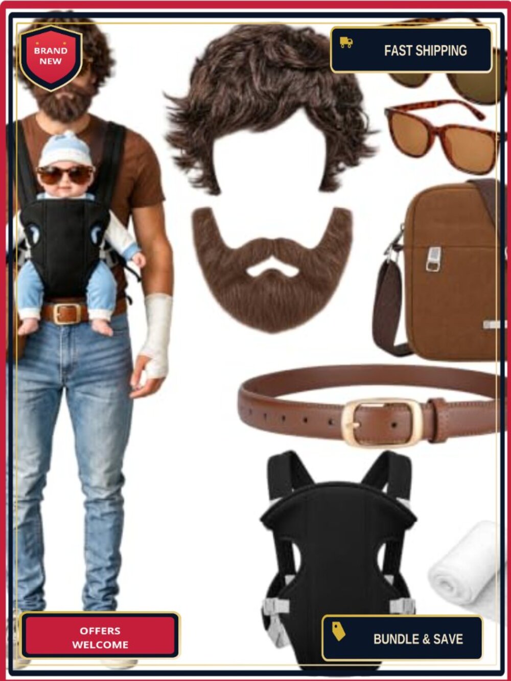 8 Pc Hangover Costume Set Men Funny Halloween Accessories Wig Beard Glasses Bag